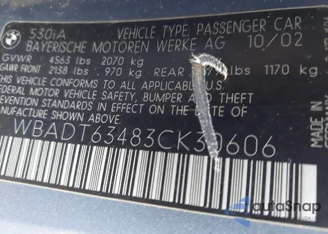 2003 BMW 530 I Automatic из США, поврежденный, VIN WBADT63483CK39606